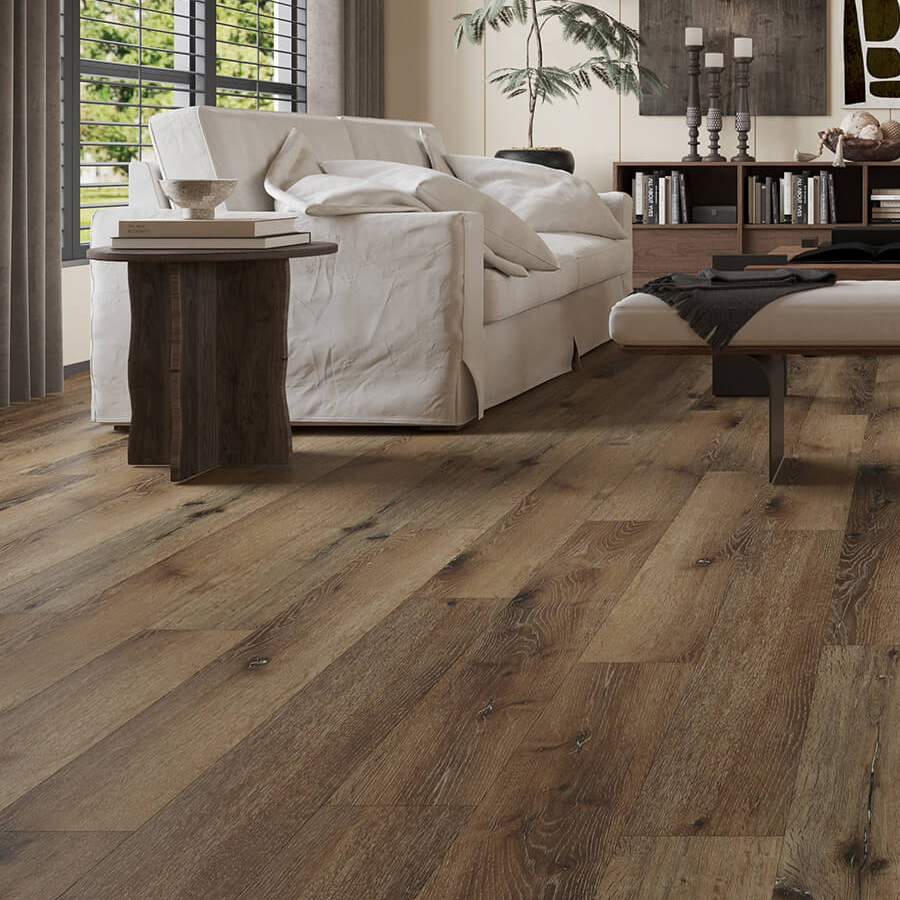Walnut wood-effect Luxury Vinyl Tiles in modern living room setting